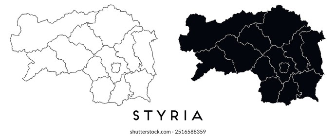 Styria map of regions districts vector black on white and outline