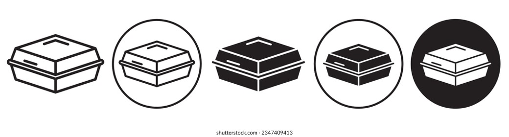 Styrofoam Box Icon. Symbol of disposable food holding wrapping to keep the meal fresh and hot while takeaway from restaurant. Vector set of snack or beverage takeout from plastic container package.