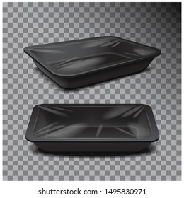 Styrofoam food storage. Black food plastic tray, dark foam meal container on transparent background for your design