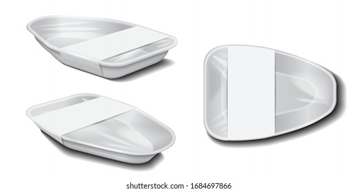Styrofoam food storage. Food plastic white tray with white label, foam meal container, empty box set for food. For your design