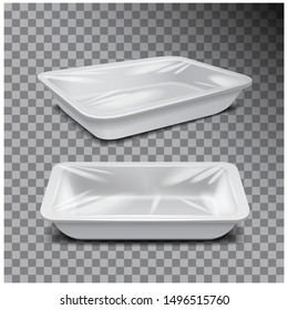 Styrofoam food storage. White food plastic tray, dark foam meal container on transparent background for your design