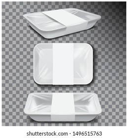 Styrofoam food storage. White food plastic tray, dark foam meal container, empty box for food vector illustration for your design