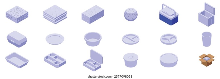  Styrofoam icons set. Collection of various disposable tableware, containers, and coolers, ideal for catering events, picnics, or takeaway services, promoting convenience and hygiene