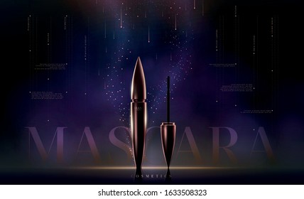 Styulish fashion golden mascara bottle. Brush and mascara tube. Golden wand and tube on black background. Fashionable cosmetics packaging. Gold make up design