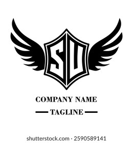 SU bold shield logo with wings, customizable with letters A to Z. Perfect for brands seeking a powerful symbol of strength, freedom, and ambition