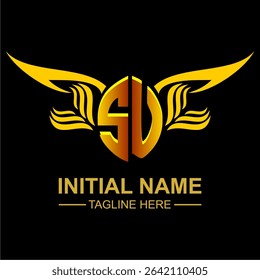 SU Golden Wing Emblem Logo with elegant gold wings, sleek and modern design. Ideal for branding, creative projects, luxury businesses, or artistic ventures.