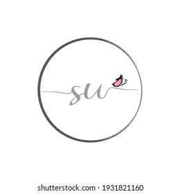 SU initial letter handwriting logo design with butterfly