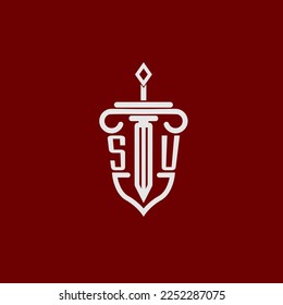 SU initial logo monogram design for legal lawyer vector image with sword and shield