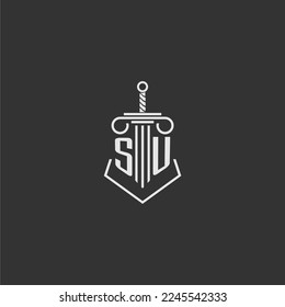 SU initial monogram law firm with sword and pillar logo design