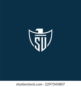 SU initial monogram logo for shield with eagle image vector design