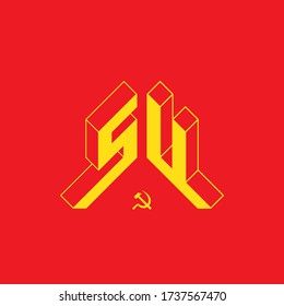 SU - international 2-letter code or National domain of Soviet Union. S and U - Monogram or logotype. Isometric 3d font for design. Three-dimension letters.