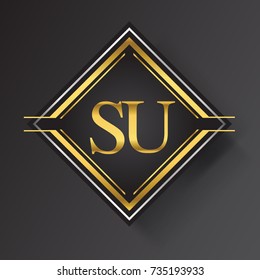 SU Letter logo in a square shape gold and silver colored geometric ornaments. Vector design template elements for your business or company identity.