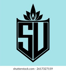 SU Logo featuring a minimalist design with a crown-like flower symbol on top, bold black elements, and a soft blue background, perfect for branding and modern visual identity.