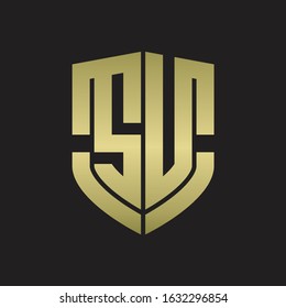 SU Logo monogram with emblem shield shape design isolated gold colors on black background