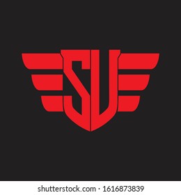 SU Logo monogram with emblem and wings element design template on red colors