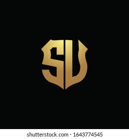 SU logo monogram with gold colors and shield shape design template