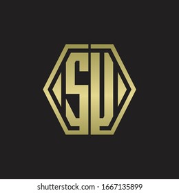 SU Logo monogram with hexagon line rounded design template with gold colors