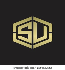 SU Logo monogram with hexagon shape and piece line rounded design tamplate on gold colors
