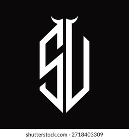 Monograma de logotipo SU com forma de chifre isolado modelo de design preto e branco sobre fundo preto