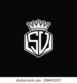 SU Logo monogram with luxury emblem shape and crown design template on black background