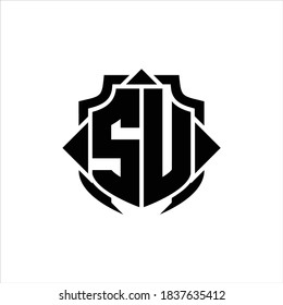 SU Logo monogram with shield line and 3 arrows shape design template on white background