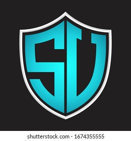 SU Logo monogram with shield shape isolated blue colors on outline design template