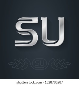 SU - Metallic 3d icon or logotype template. S and U initial silver logo. Design element with lineart option. Vector. Soviet Union.