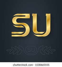 SU - Metallic 3d icon or logotype template. S and U initial golden logo. Gold Design element with lineart option. Vector. Soviet Union.