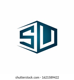 SU monogram logo with hexagon shape and negative space style ribbon design template