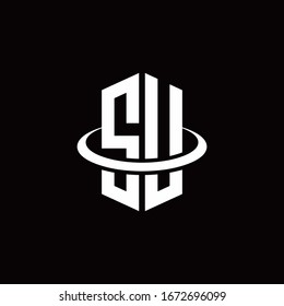 SU monogram logo in a hexagon style and surrounded by a ring