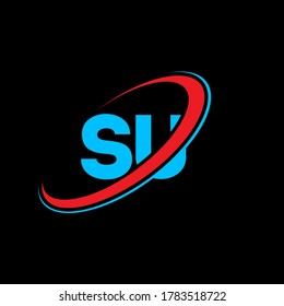 SU S U letter logo design. Initial letter SU linked circle uppercase monogram logo red and blue. SU logo, S U design. su, s u