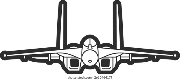 Su-27 fighter jet model icon, front view black line, aircraft icon with thick outline.