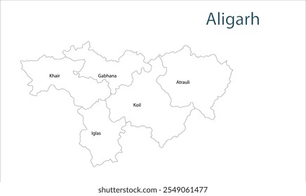 Mapa de la subdivisión de Aligarh, Distrito de Aligarh, Estado de Uttar Pradesh, República de la India, Gobierno de Uttar Pradesh, Territorio indio, India oriental, política, aldea, turismo