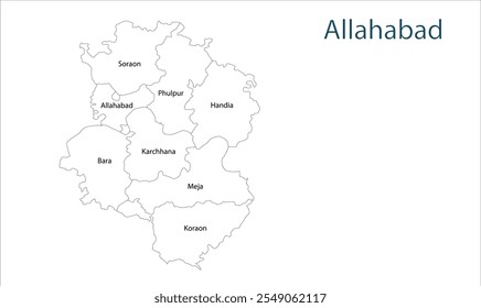 Mapa de la subdivisión de Allahabad, Distrito de Allahabad, Estado de Uttar Pradesh, República de la India, Gobierno de Uttar Pradesh, Territorio indio, India oriental, política, aldea, turismo