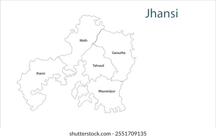 Subdivisión del mapa del distrito de Jhansi, Distrito de Jhansi, Estado de Uttar Pradesh, República de la India, Gobierno de Uttar Pradesh, Territorio de la India, India oriental, política, aldea, turismo