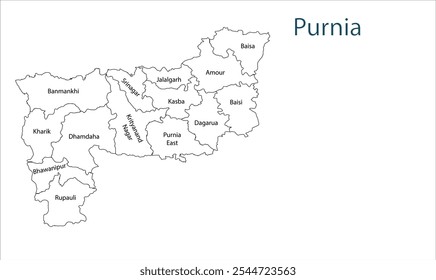 Mapa del distrito de Purnia, Distrito de Purnia, Estado de Bihar, República de la India, Gobierno de Bihar, territorio indio, India oriental, política, aldea, turismo