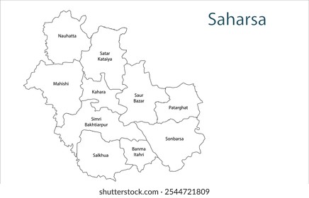 Mapa de la subdivisión del distrito de Saharsa, distrito de Saharsa, estado de Bihar, República de la India, Gobierno de Bihar, territorio indio, India oriental, política, aldea, turismo