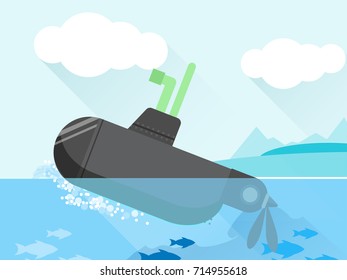 sub marine going out of water flat illustration character