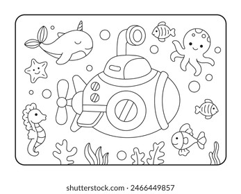 Sub Marine and sea animals coloring page illustration