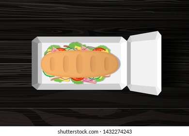 Sub Sandwich In Cardboard Package On Dark Wooden Background Top View