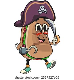 Sub Sandwich cartoon mascot illustration character vector as pirate with dagger, work of hand drawn