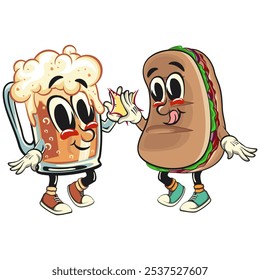 Sub Sandwich cartoon mascot illustration character vector giving a large glass of beer a high five, work of hand drawn