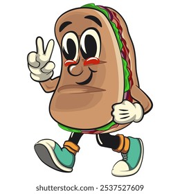 Sub Sandwich cartoon mascot illustration character vector walking with a peace sign, work of hand drawn