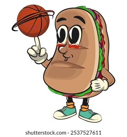 Sub Sandwich cartoon mascot illustration character vector spin the basketball with the index finger, work of hand drawn