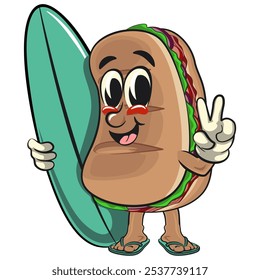 Sub Sandwich desenho animado mascote ilustração personagem vetor com prancha de surfe e deu um sinal de paz, trabalho de mão desenhada