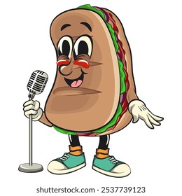 Sub Sandwich cartoon mascot illustration character vector in front of the mic become a stand up comedian, work of hand drawn