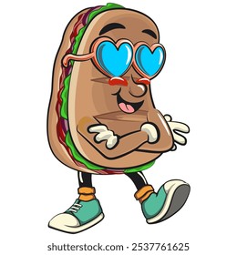 Sub Sandwich cartoon mascot illustration character vector wearing heart shaped beach sunglasses, work of hand drawn