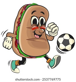 Sub Sandwich de dibujos animados de la mascota ilustración del personaje de Vector jugando fútbol, trabajo de dibujado a mano