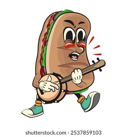 Sub Sandwich desenho animado mascote ilustração personagem vetor tocando o instrumento musical banjo, trabalho de mão desenhada