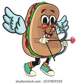 Sub Sandwich cartoon mascot illustration character vector become a cupid with angel wings and the arrow of love, work of hand drawn